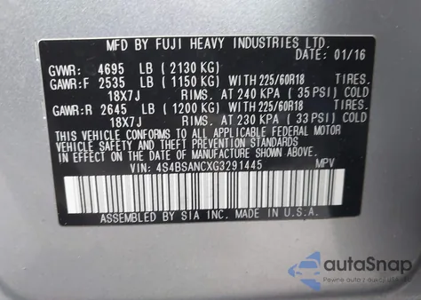 2016 Subaru Outback 2.5I Limited from USA, damaged, VIN 4S4BSANCXG3291445